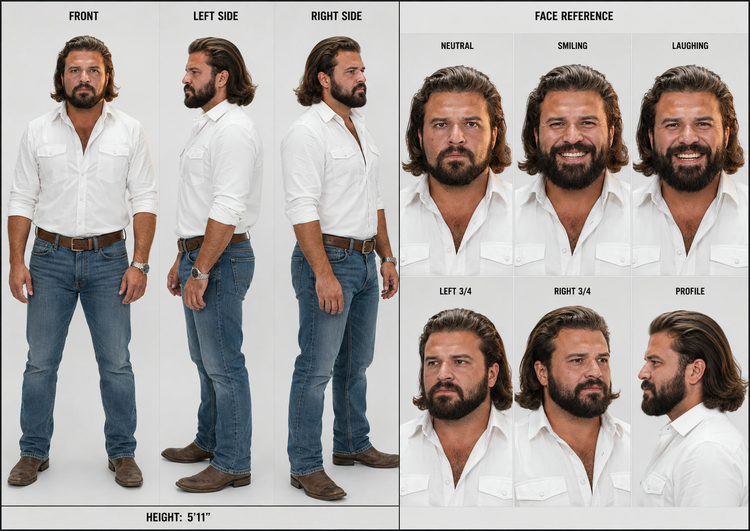 Brandon character reference sheet with full-body views and six face angles